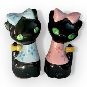Anthropomorphic Black Cats With Bows Salt & Pepper Shakers Japan